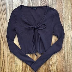 ribbed brown tie front long sleeve